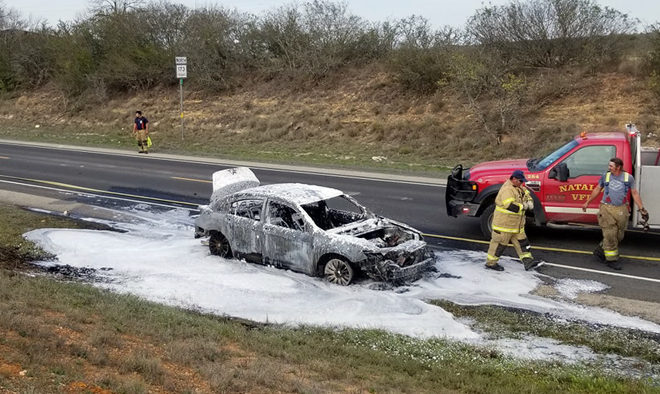 Car erupts in fire on Hwy 173, motorcyclist crashes on embankment right above