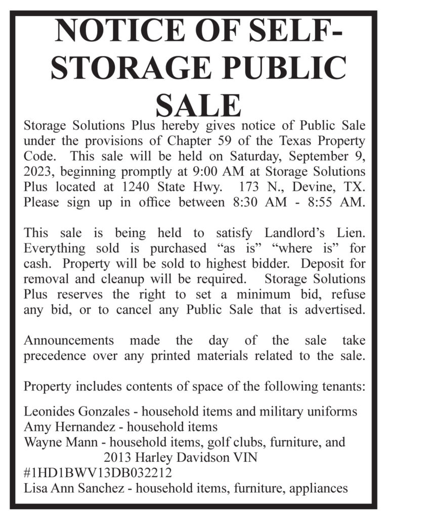 Notice of Self Storage public sale