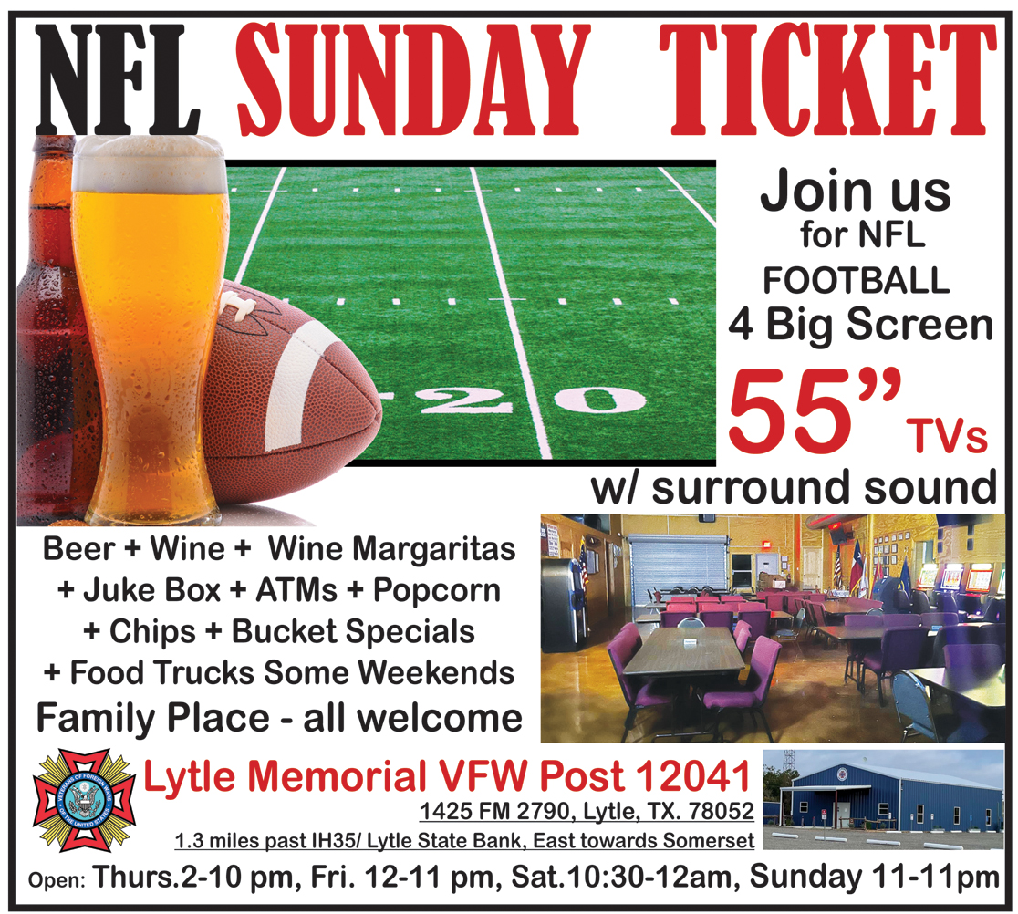 NFL Sunday Ticket fans invited to Lytle Memorial VFW Post 12041 to watch on four 55” TVs