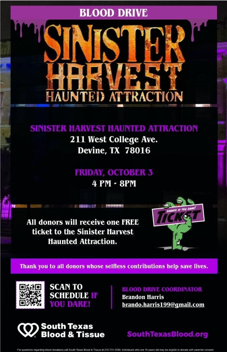 Donate Blood and receive free ticket to Sinister Harvest Haunted Attraction